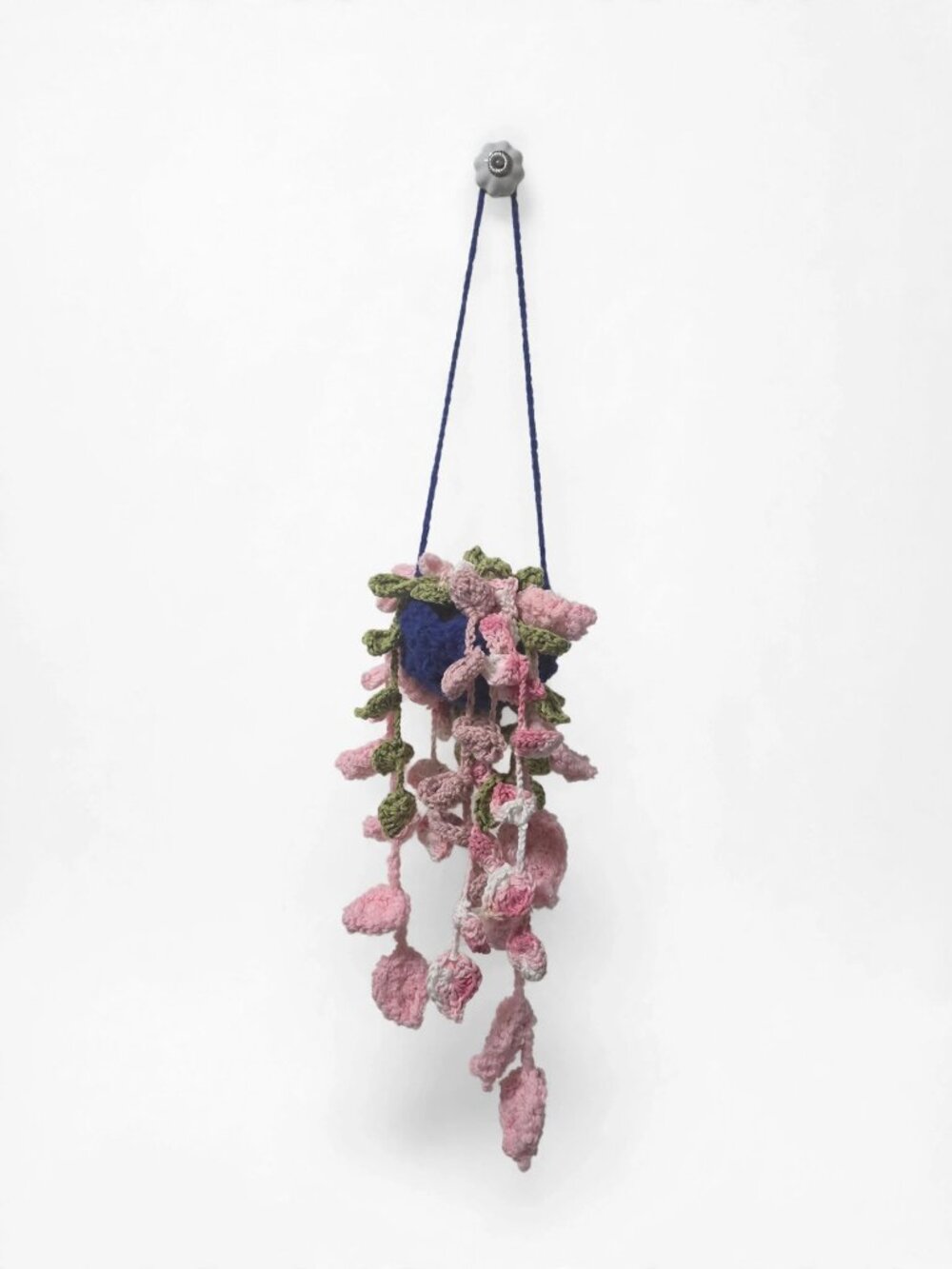 Handmade Crochet Hanging Plant Basket, Blue with Pink & White Trailing Leaves